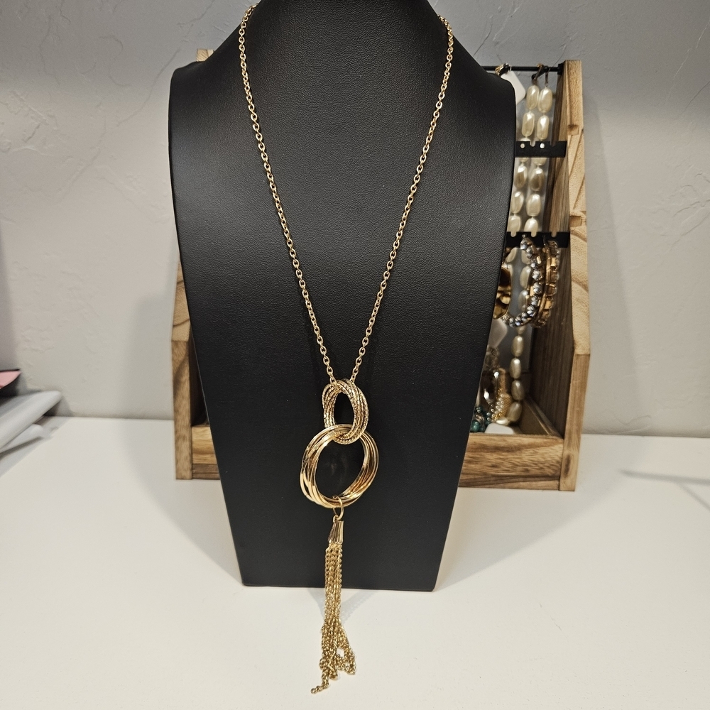 Long Gold Necklace with Tassel Circle Pendant Statement Women's Jewelry
